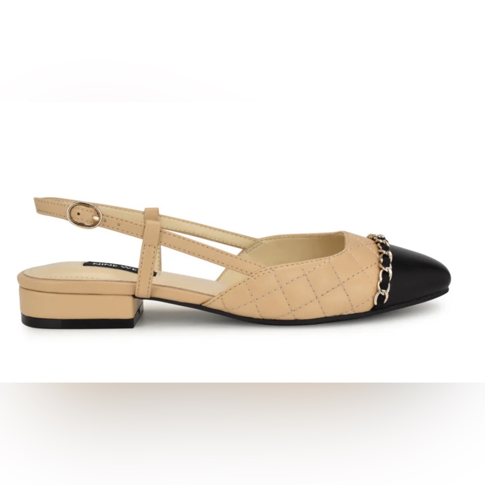 Nine West Tan and Black Slingback Flats with Chain Accent- NWT in box